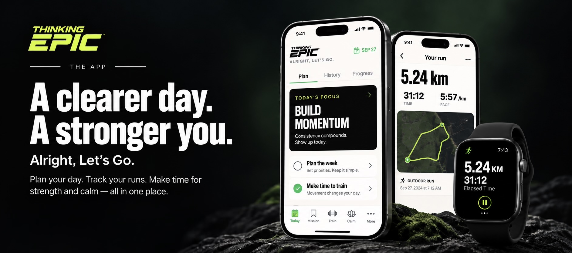 Thinking Epic artwork showing daily planning, a saved run and the Apple Watch companion.