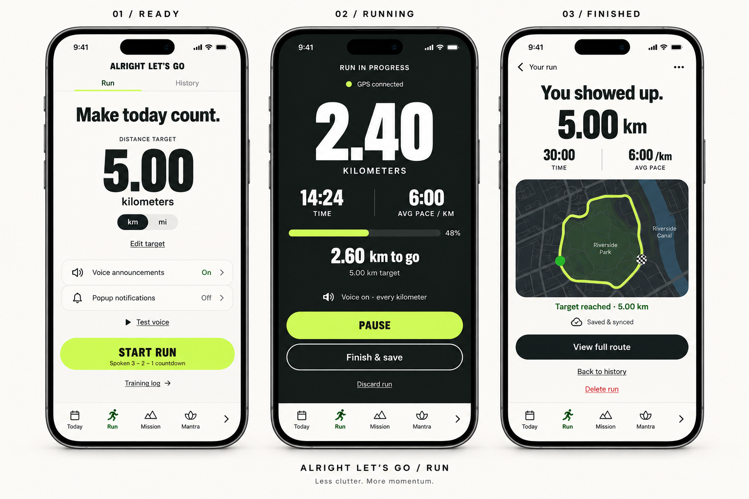 Alright, Let’s Go run preview: set a target, track a run, and review a finished route.