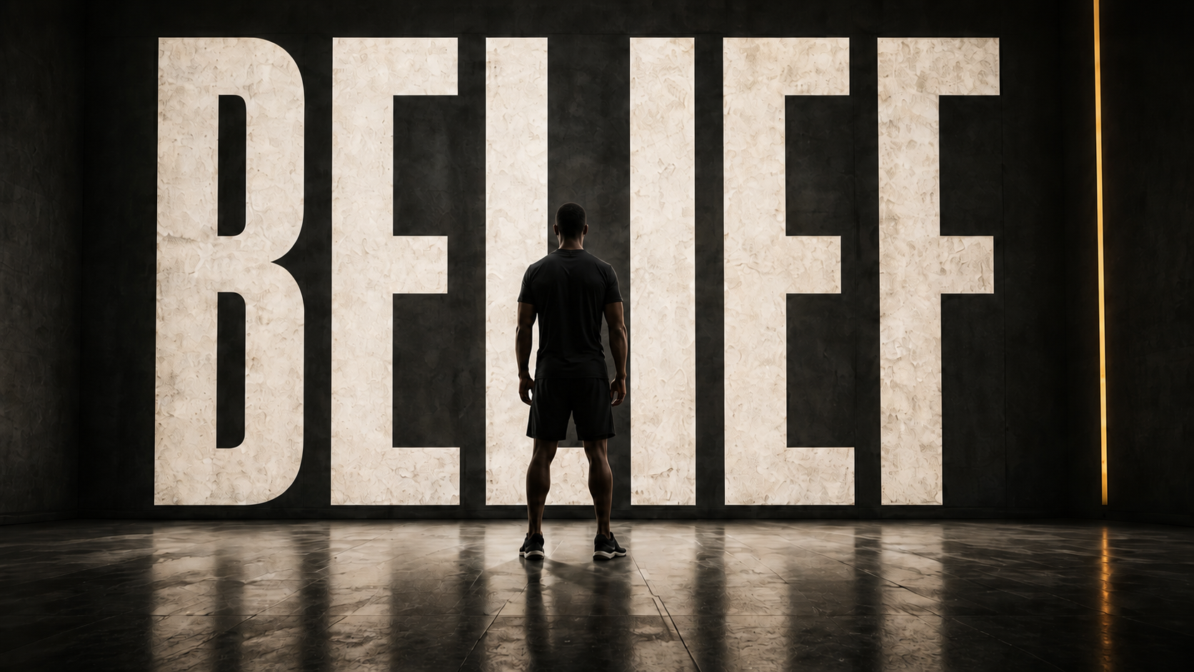 A man standing before the monumental word Belief