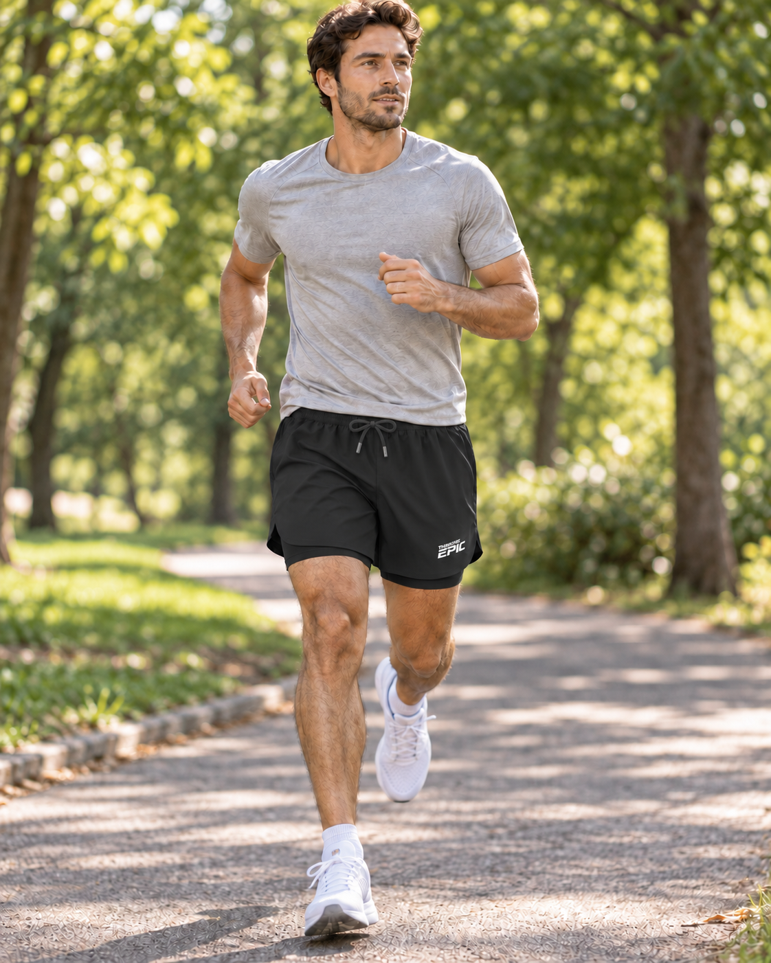 Man running in park wearing a black Thinking Epic 2-in-1 shorts