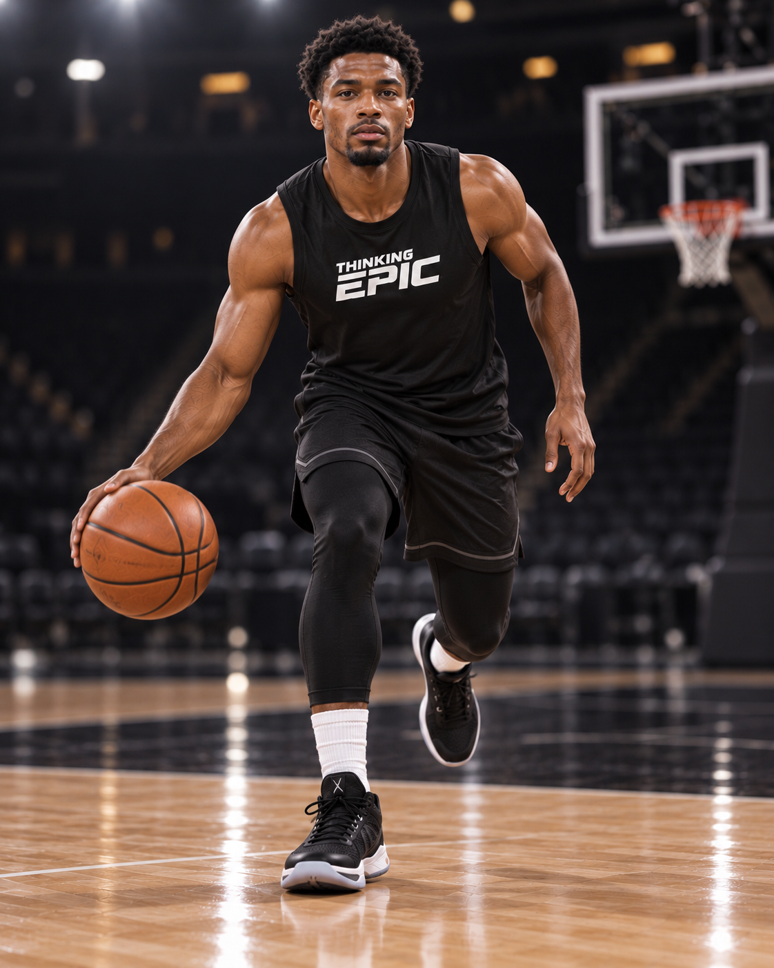 Basketball player wearing a black Thinking Epic sleeveless top on an indoor court