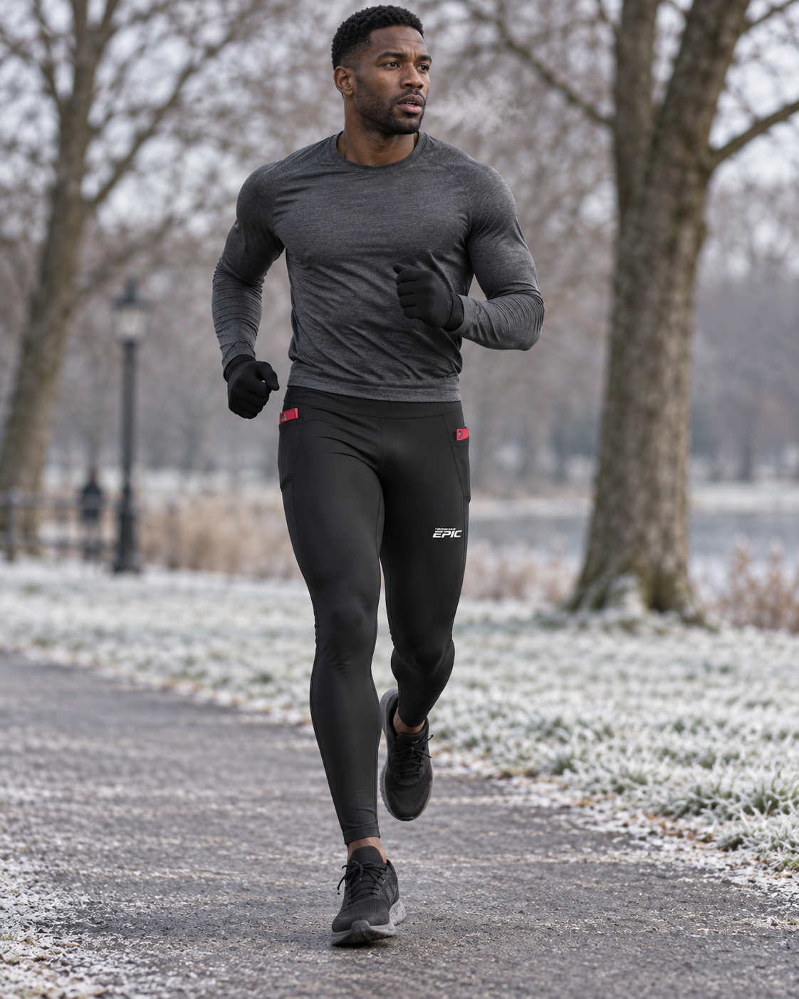 Man wearing Thinking Epic Sportswear Leggings with a white logo,