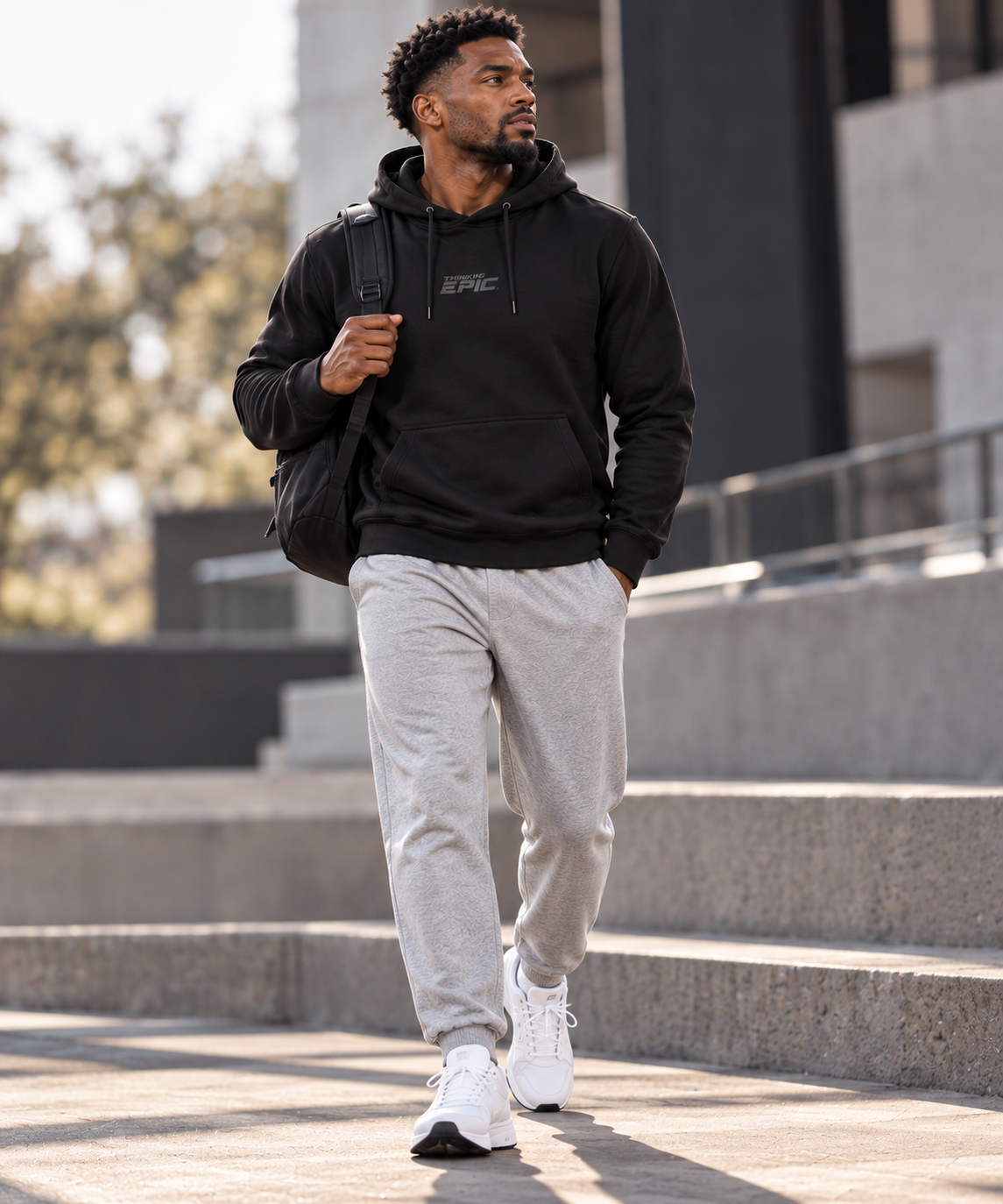 Man wearing Thinking Epic Hoodie
