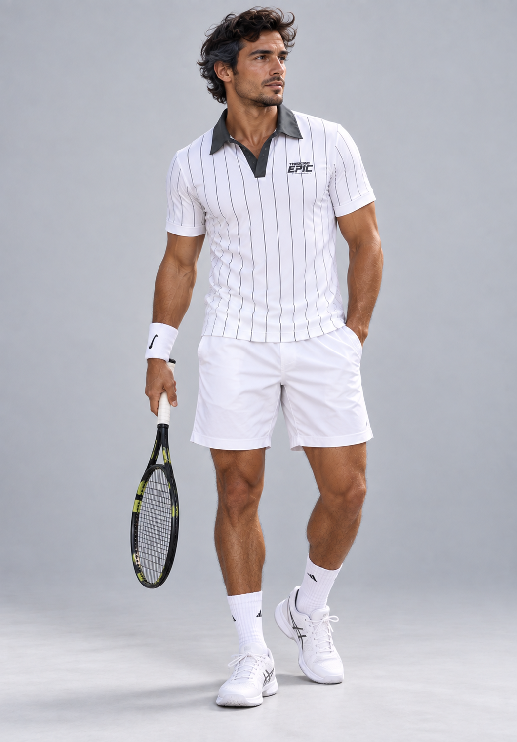 Man wearing a white pinstriped Thinking Epic tennis polo and white shorts
