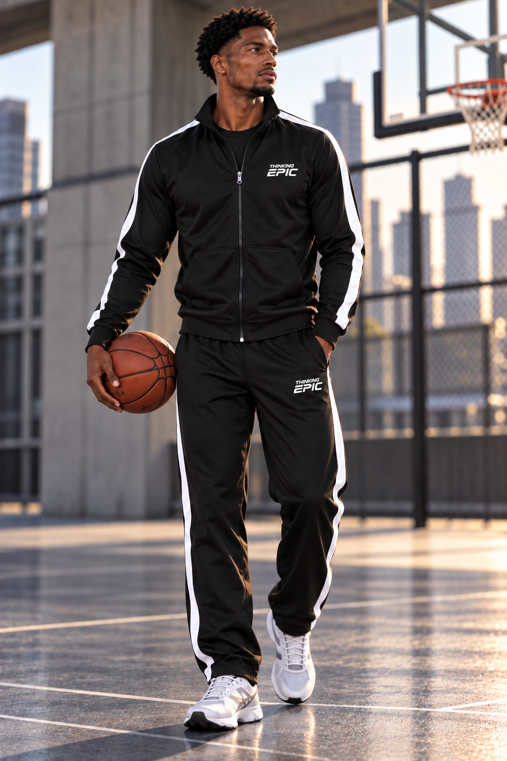 Man wearing a black Thinking Epic basketball tracksuit with white side stripes