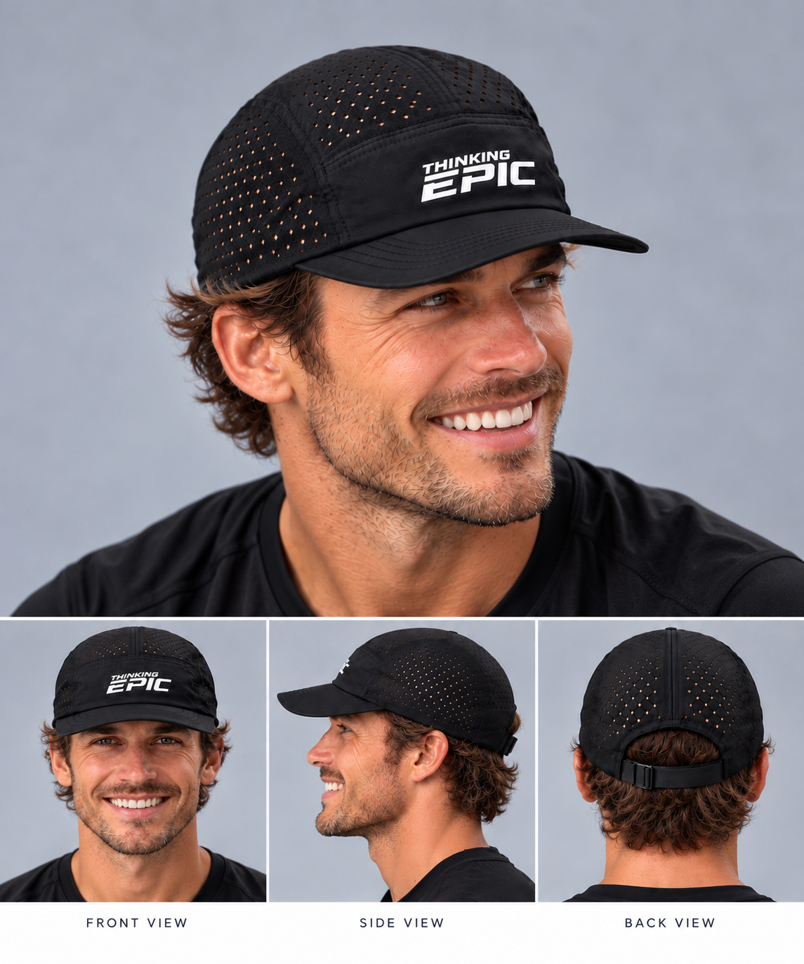 Man wearing a black Thinking Epic performance running cap