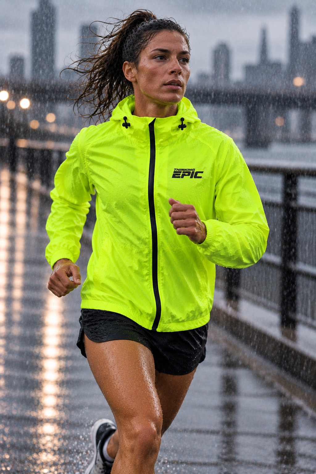 Woman running in a neon Thinking Epic Running Rain Jacket