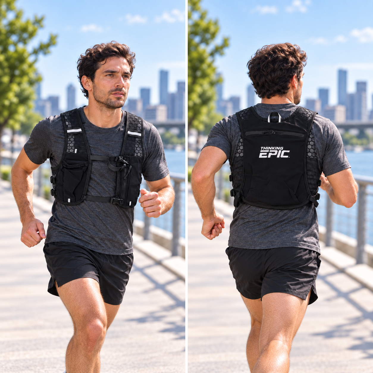 Runner wearing a black running vest with front pockets and reflective details