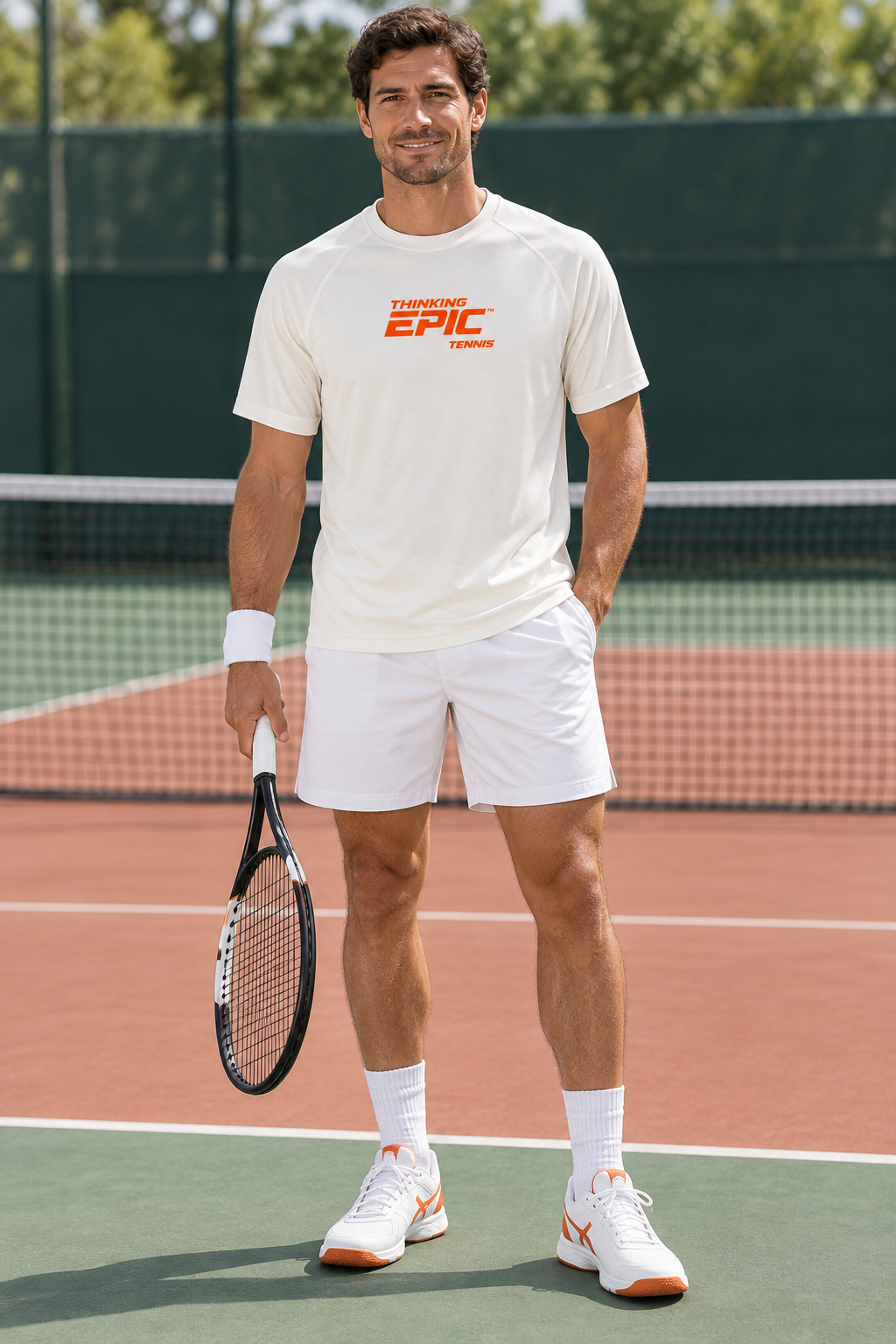 Man holding a tennis racket on court, wearing a white Thinking Epic Tennis shirt with an orange logo