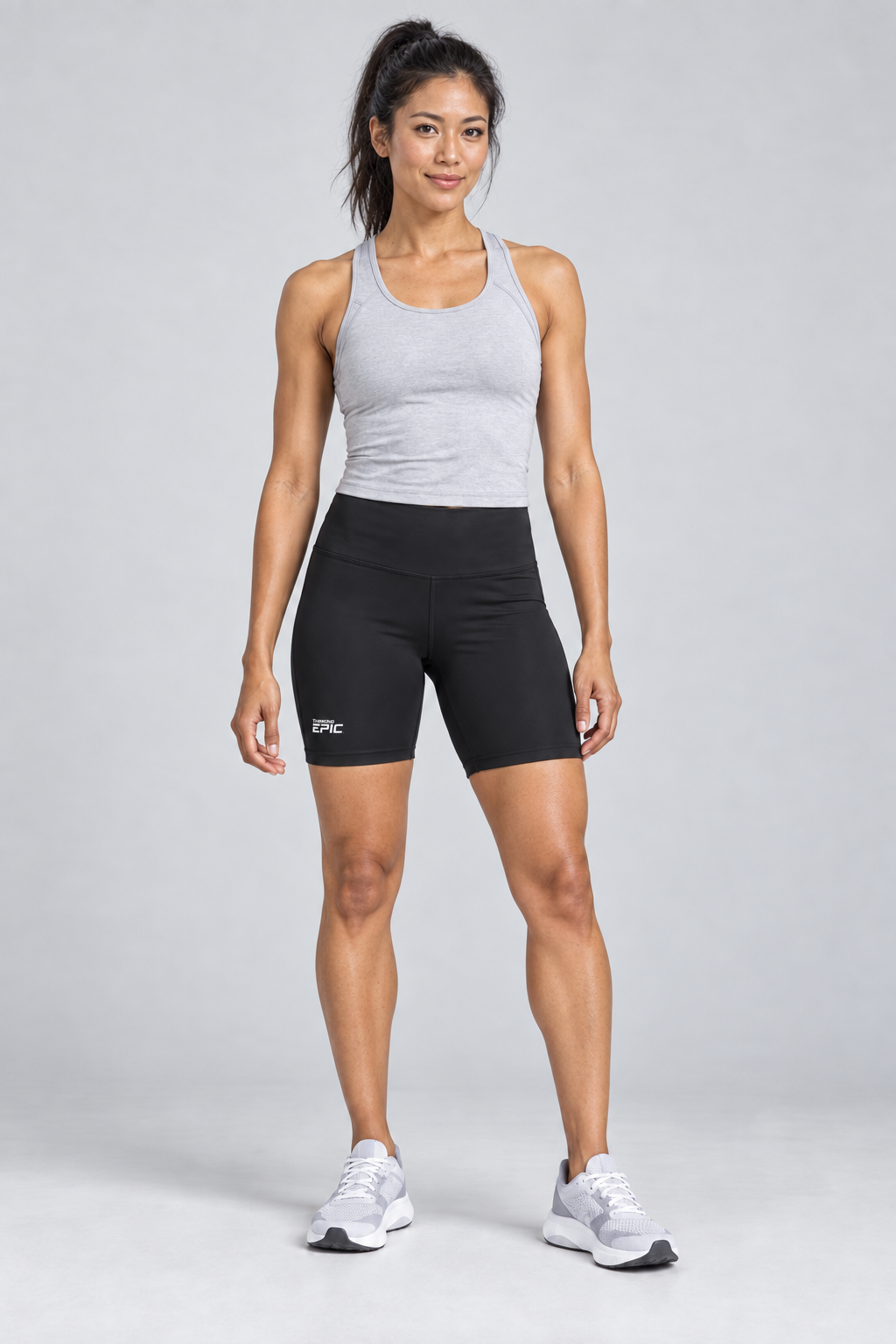 Woman wearing black high-waisted Thinking Epic bike shorts with a grey tank top