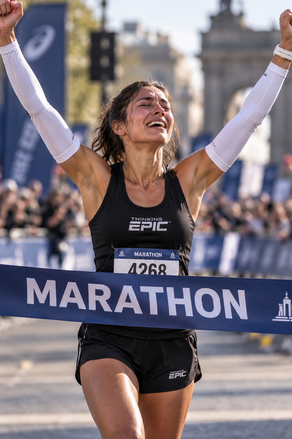 Marathon runner celebrating at the finish line