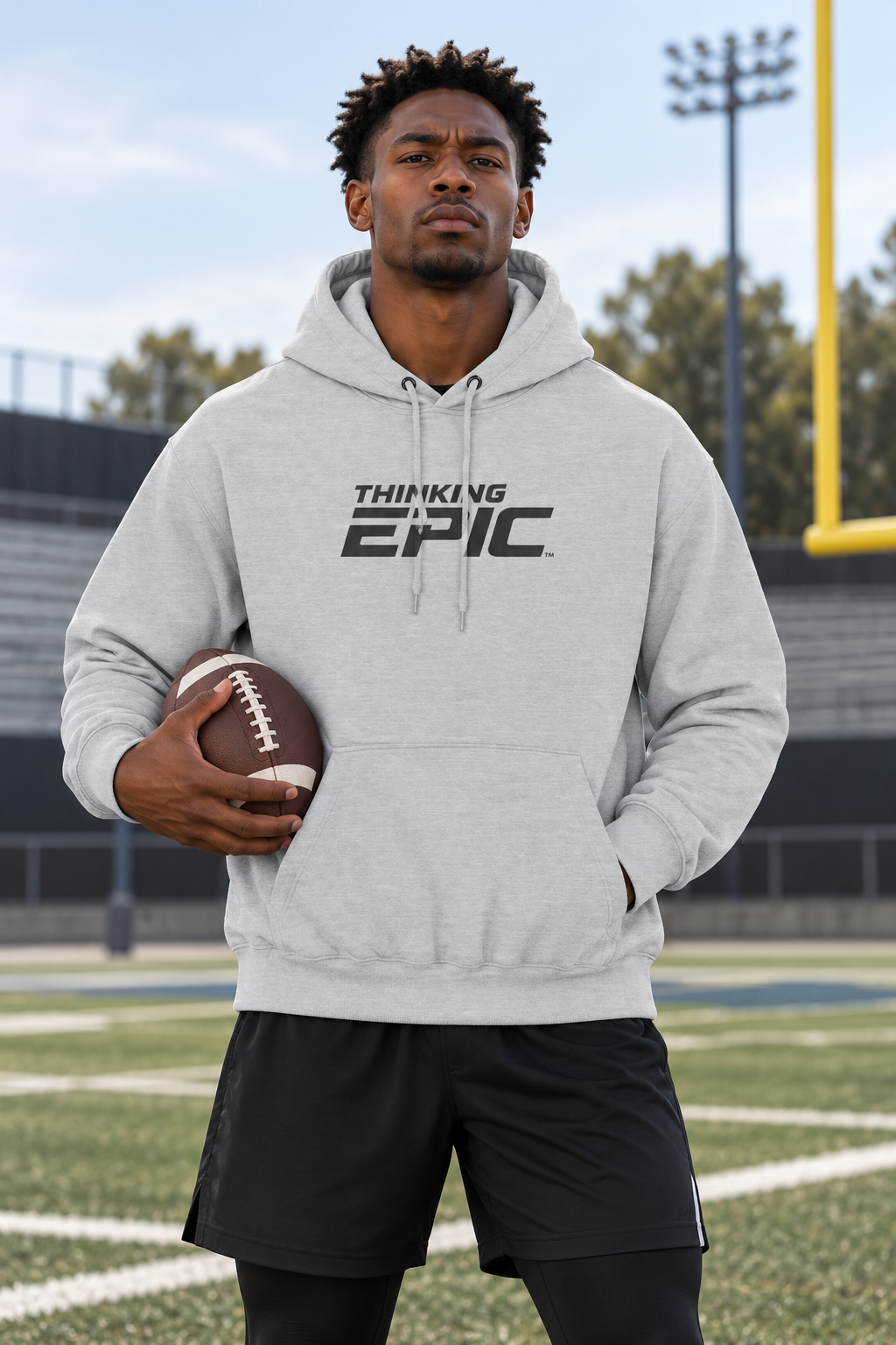 Man wearing grey Thinking Epic hoodie